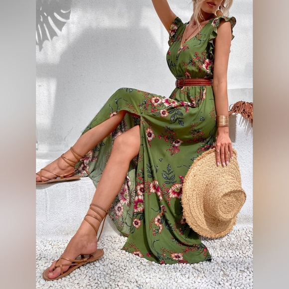Boho VCAY Floral Print Ruffle Trim Slit Thigh Dress Size L Olive Without… - Picture 4 of 7